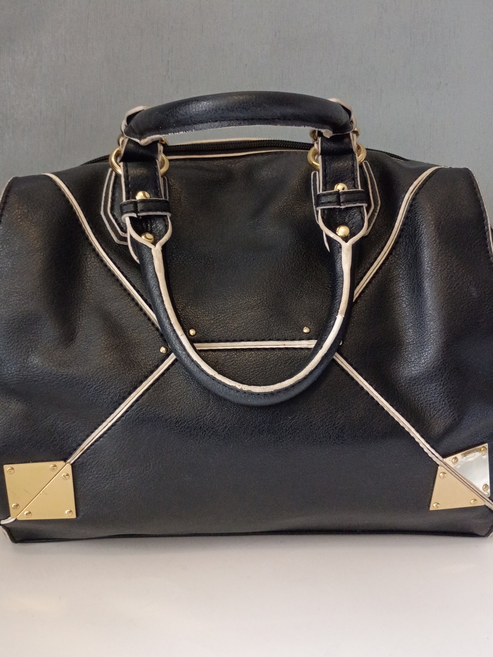 Kardashian Kollection Black Satchel with Cream Trim and Gold Accents
